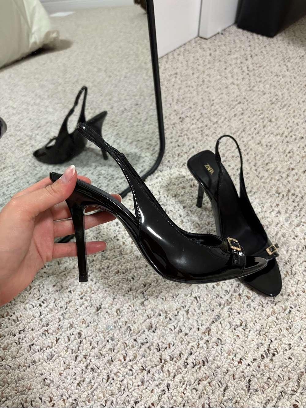 Zara Black Patent Slingback Heels with Gold Buckle - Picture 2 of 7